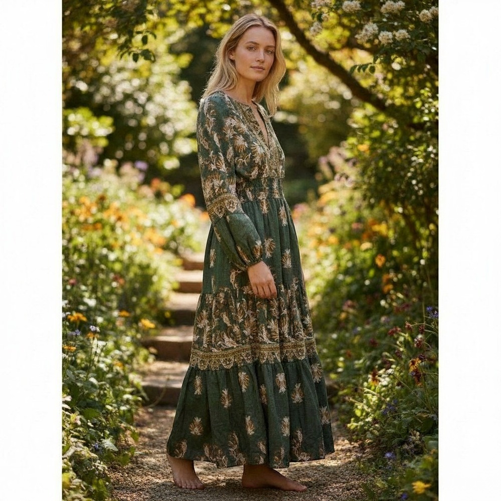 Doe and Rae Green Floral Tiered Maxi Dress Smocked Waist Pockets Small Boho